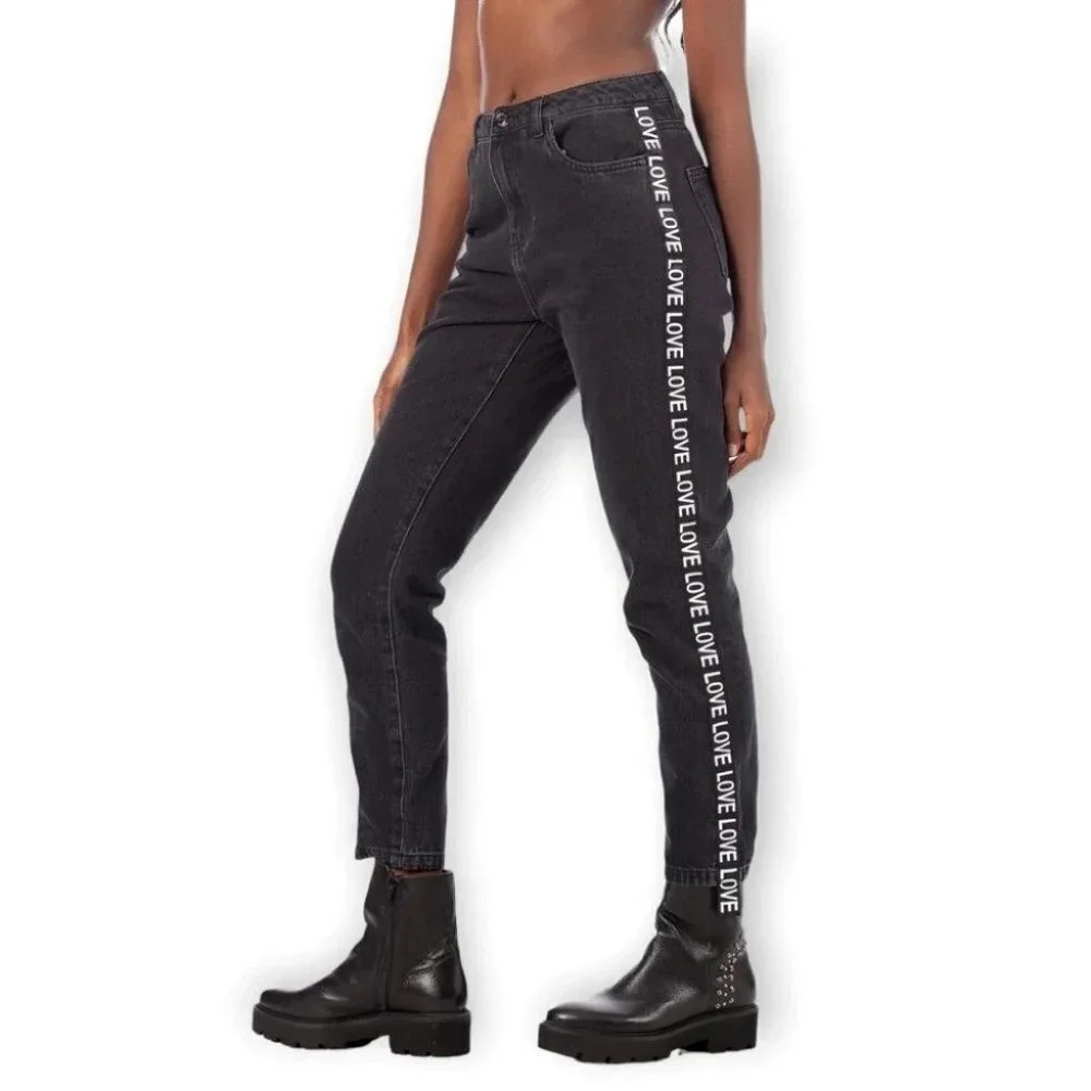 ONLY Black Kelly Mom Jeans with LOVE Stripes